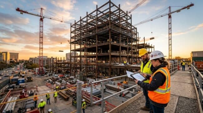 Project manager and contractor reviewing plans on a commercial construction site for construction risk management