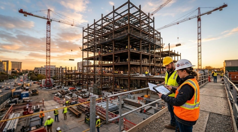 Project manager and contractor reviewing plans on a commercial construction site for construction risk management